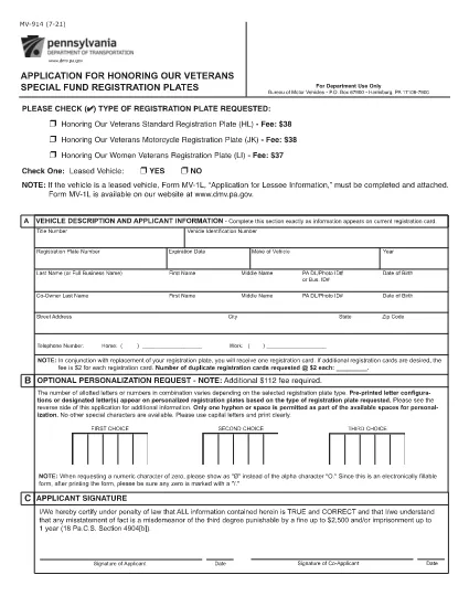 Form MV-914 Pennsylvania