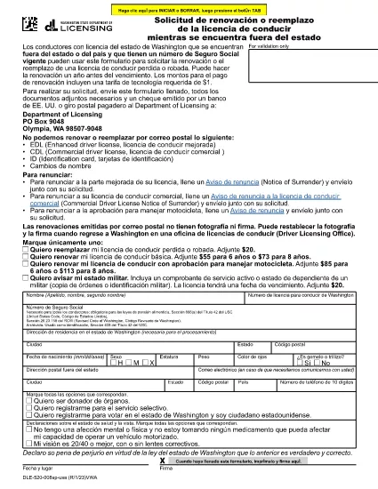 Förarlicens Förnyelse / Ersättning Begäran | Washington (spanska)