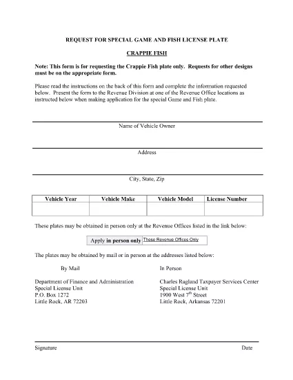 Prašymas dėl specialaus žaidimo ir žuvies Crappire licencijos plokštės Arkansas