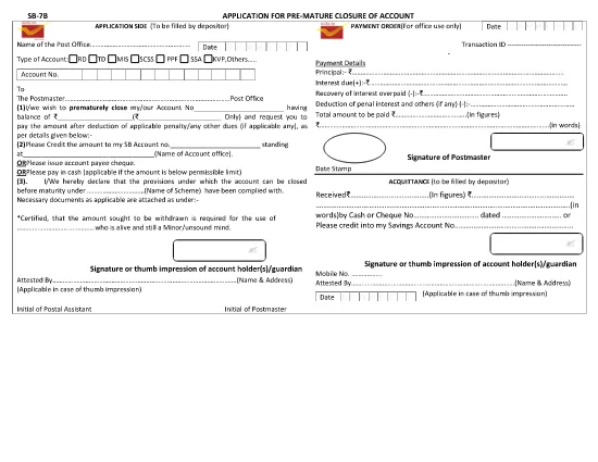 Indian Department of Posts - Saving Bank Application For Pre-Mature sluiting van de rekening
