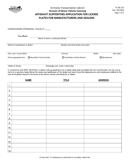 Form TC 96-153 Kentucky