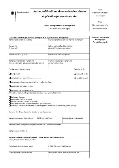 Tyskland Visa Application Form (Engelsk)