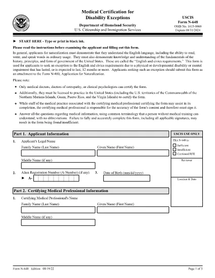 Form N-648, Medical Certification for Disability Exceptions