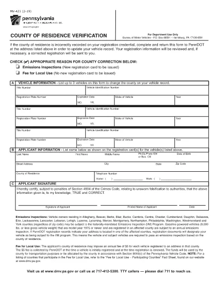 Form MV-421 Pennsylvania
