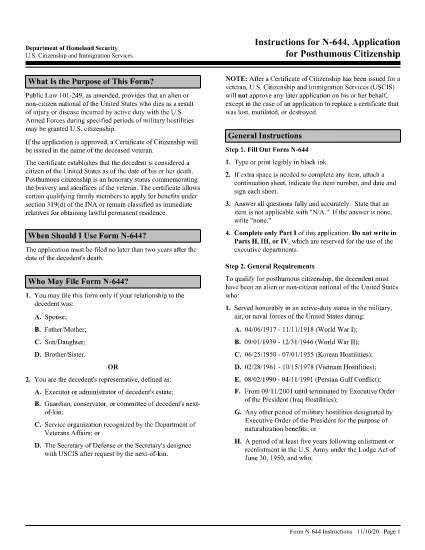 Instruções para o formulário N-644, Aplicação para a cidadania póstuma