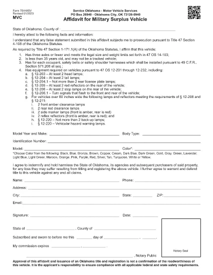Form 754-MSV Oklahoma