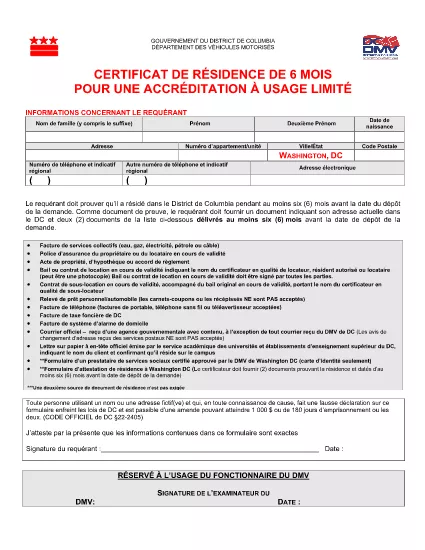 6-Month Residency Certification Form (French - Français)