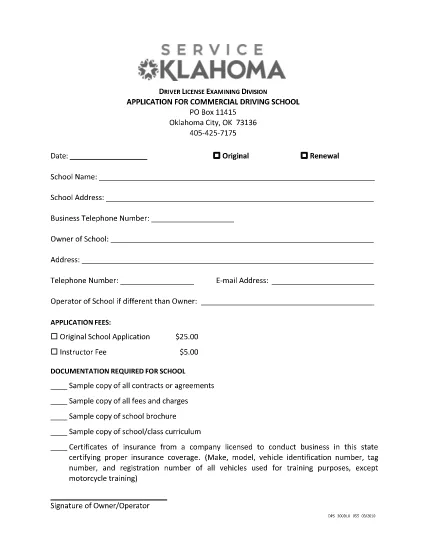 Application for Commercial Driving School Oklahoma