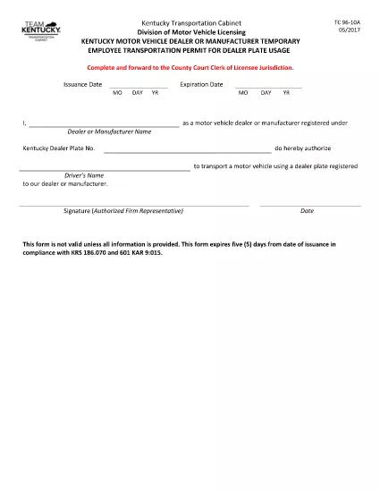 Form TC 96-10A Kentucky