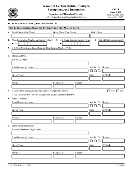 Form I-508, Waiver of Certain Rights, Privileges,  Exemptions, and Immunities