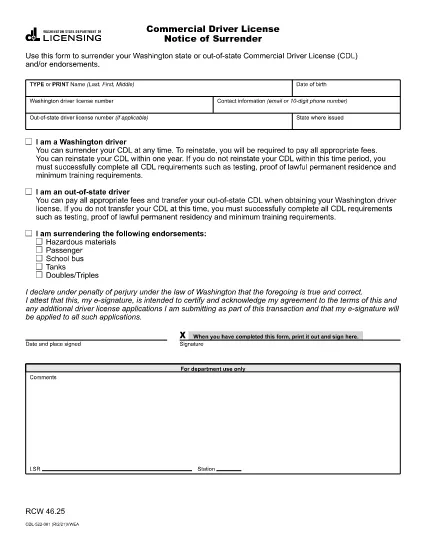 Commercial Driver License Notice of Surrender | Washington