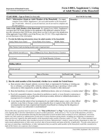 Form I-800A Supplement 1, Listing of Adult Member of the Household