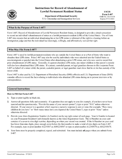 Instructions for Form I-407, Record of Abandonment of Lawful Permanent Resident Status