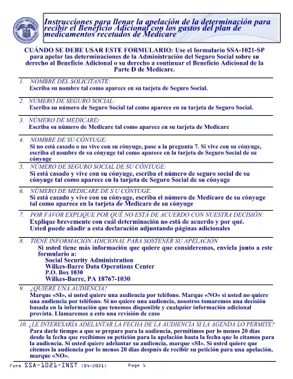 Form SSA-1021 Instruções (em espanhol)