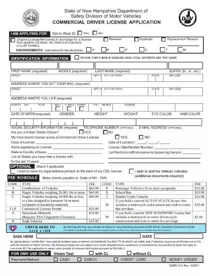 Formulář DSMV 312 New Hampshire