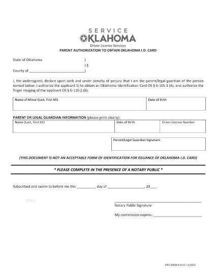 Разрешение родителей для ОК State ID Карта Оклахома