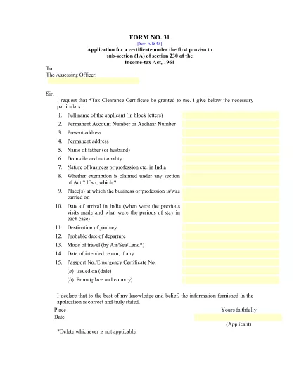 Formulário de ITD 31 Índia