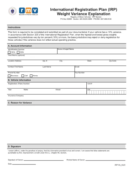 Form IRP105 Massachusetts