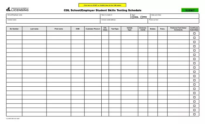 CDL kool / tööandja õpilaste oskuste testimise ajakava | Washington