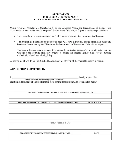 Aanvraag voor de ontwikkeling van speciale licentieplaat voor Non-Profit Service Organisatie in Arkansas