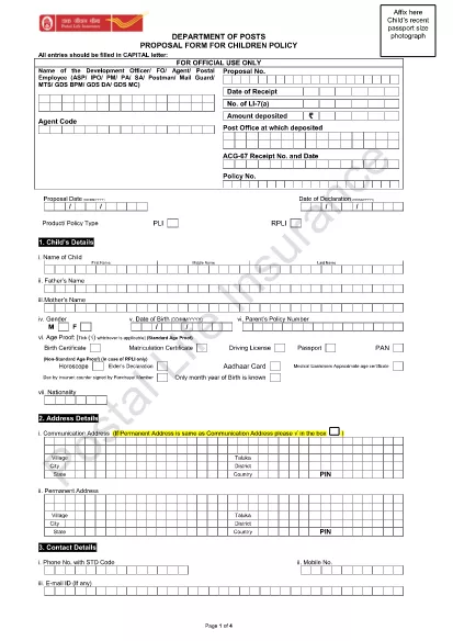 Indian Department of Posts - Proposal Form for Children Policy