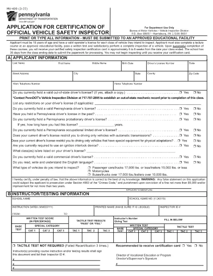 Form MV-409 Pennsylvania