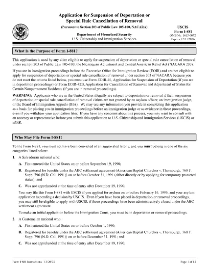 Instructions pour le formulaire I-881, Demande de suspension d'expulsion ou d'annulation de l'expulsion