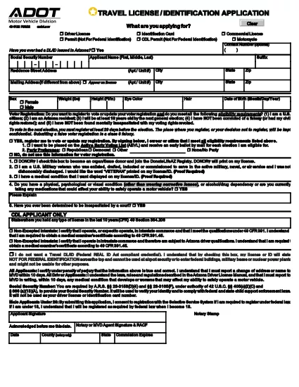 Arizona Travel License/Identification Application Form