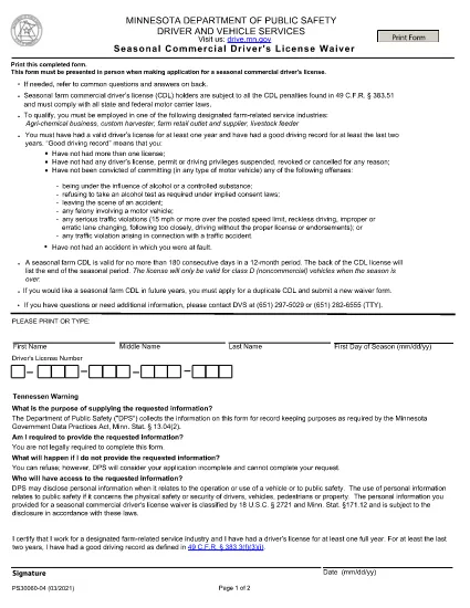 Form PS30060 Minnesota