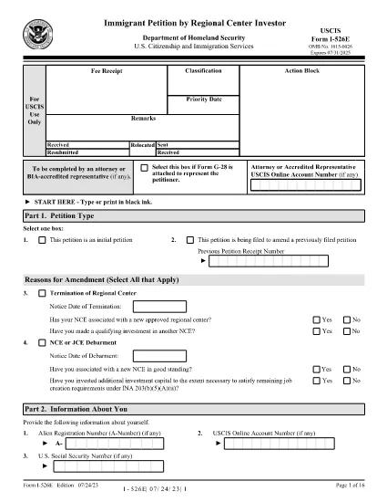 Form I-526E, Immigrant Petition by Regional Center Investor