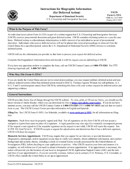 Form G-325A, Instructions for Biometric Information (for Deferred Action)