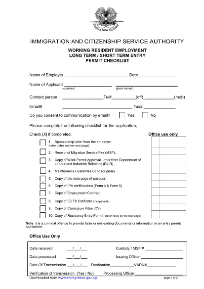 Working Resident Form | Papua New Guinea