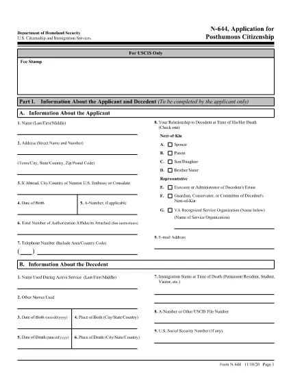 Formulário N-644, Aplicação para Cidadania Póstuma