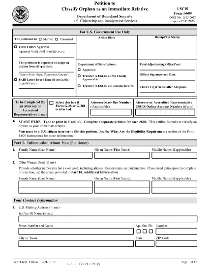 Formulier I-600, Petitie om wees te classificeren als een onmiddellijke familielid