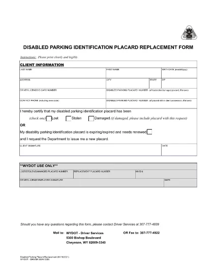 Inaktiverad parkering Identification Placard Replacement Form | Wyoming