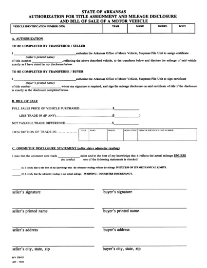 Form MV 100-03 Arkansas