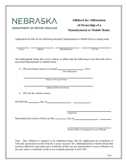 Nebraska Affidavit zur Bestätigung des Eigentums eines Fertig- oder Mobilheims