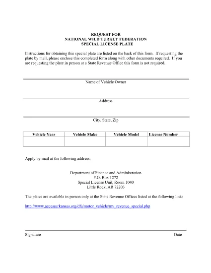 National Wild Turkey Federation Special License Plate Form in Arkansas