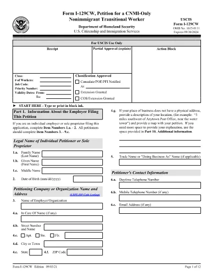 Forma I-129CW, Petizione per un CNMI-Only Nonimmigrant Transitional Worker