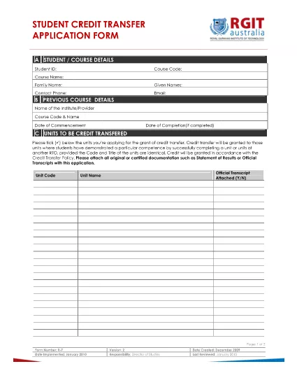 Formulário de aplicação da transferência de crédito do estudante