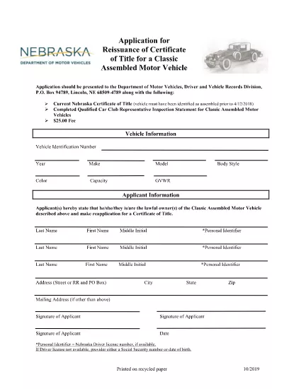 Nebraska Application for Reissuance of Certificate of Title för ett klassiskt monterat motorfordon