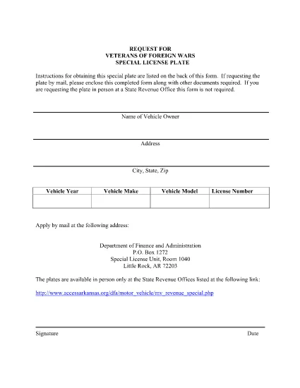 Request for Veterans of Foreign Wars Special License Plate Form in Arkansas