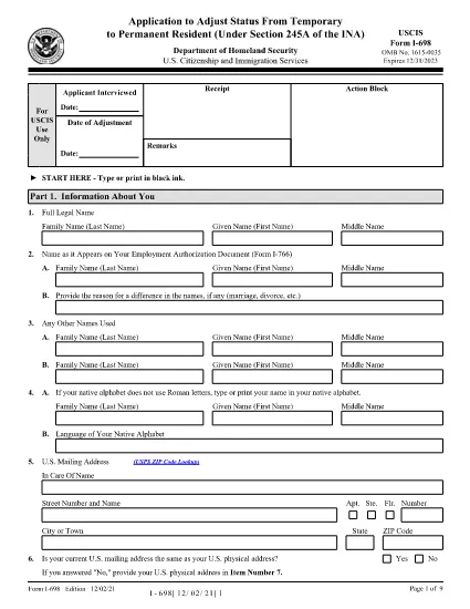 Form I-698, Application to Adjust Status From Temporary to Permanent Resident