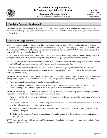 Инструкции за формуляр I-918 Допълнение Б, U Nonimimigrant Status Certification