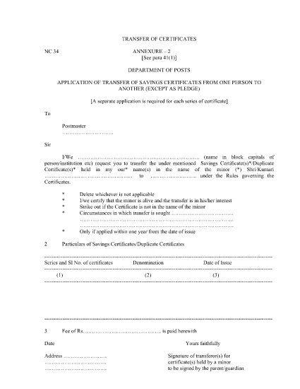 Indian Department of Posts - Application for transfer of Savings Certificate from person to person under specified conditions