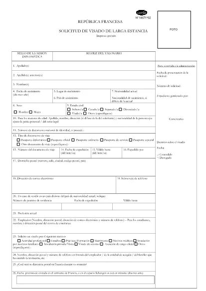 Formulaire de demande de visa de longue durée en français (espagnol)