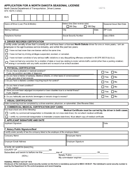 Form SFN 16275 North Dakota