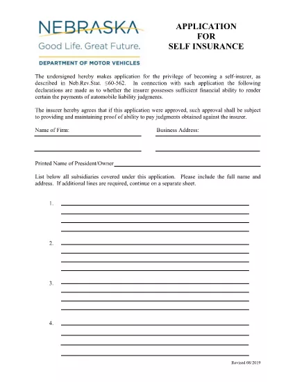 Nebraska Insurance - Self Insurance Application