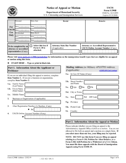 Formulário I-290B, Aviso de Apelação ou Movimento