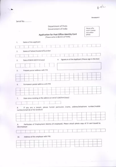 Indian Application for Post Office Identity Card